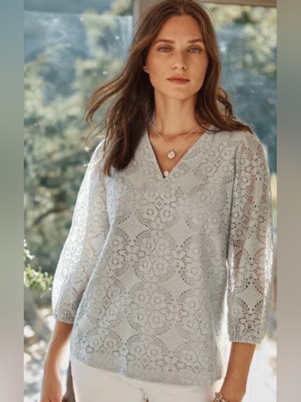 J. Jill Zinc Gray Lace Boho Relaxed Fit Soft Feminine 3/4 Sleeve Blouse Size SP